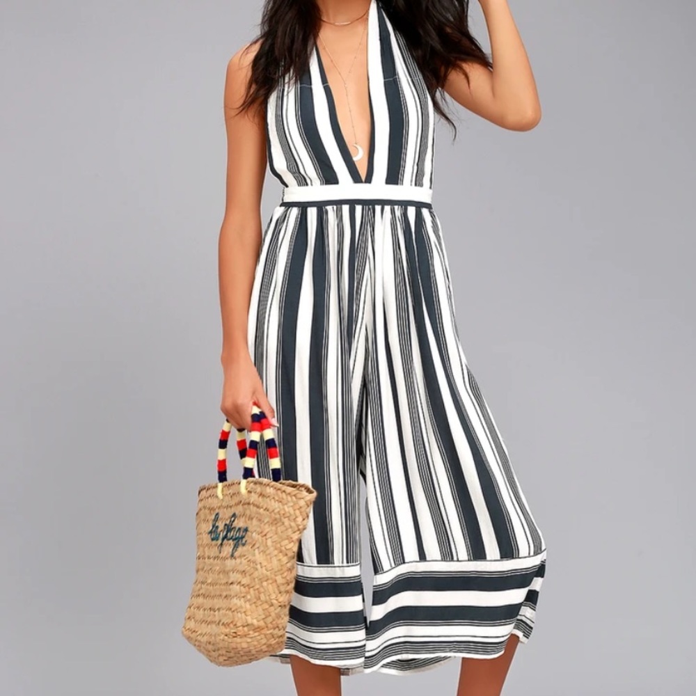 Faithfull the Brand Felix Navy Blue Striped Midi Jumpsuit Sz 8